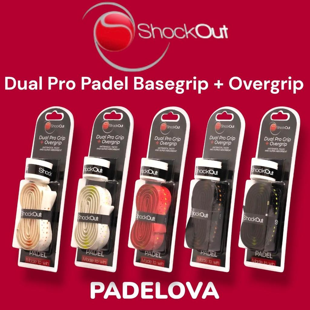 ShockOut Dual Pro Grip - Original Spain Basegrip Undergrip + Overgrip Padel - Anti Slip Kurangi Getaran Tingkatkan Kenyamanan Pegangan Raket Merah Kuning Hijau Biru Hitam Putih Oranye Red Yellow Green Blue Black White Orange