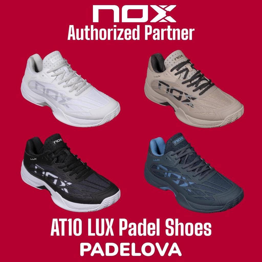 NOX AT10 LUX Padel Shoes - Sepatu Padel Premium dengan Perlindungan Kaki & Kenyamanan Premium untuk Pemain Intermediate hingga Advanced Black Hitam, White Putih, Blue Biru Dark Slate Allure, Feather Grey Cream